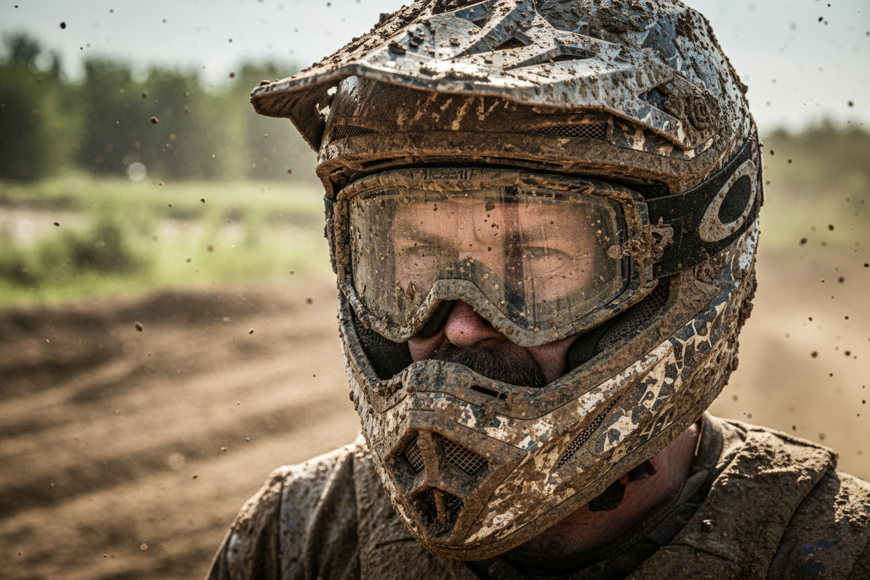 hombre rudo con casco de motocross embarrado y lentes para offroad de la misma clase